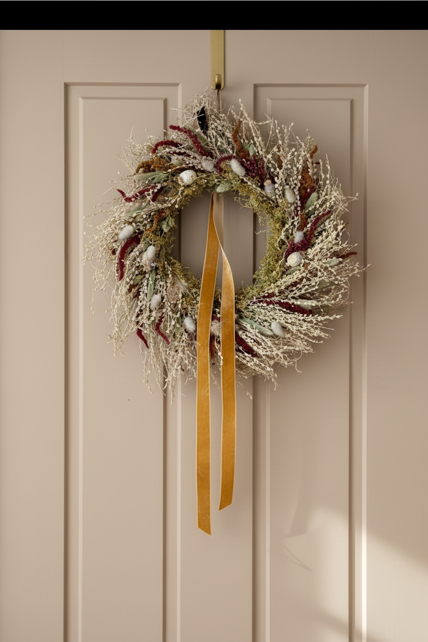 Dried flower wreath in autumn colours made in Ireland with ribbon