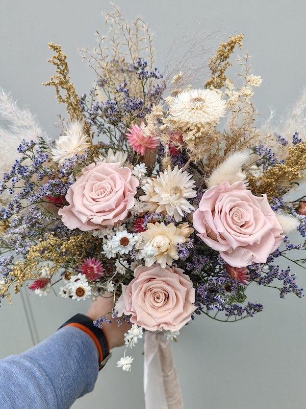 A mix of pink and neutral dried and preserved wedding flowers ireland
