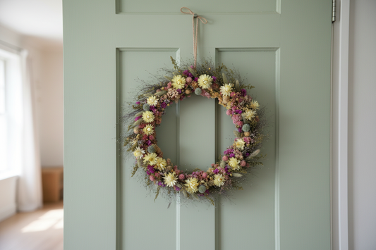Spring coloured dried flower wreath with pale yellows pinks and pastels ireland