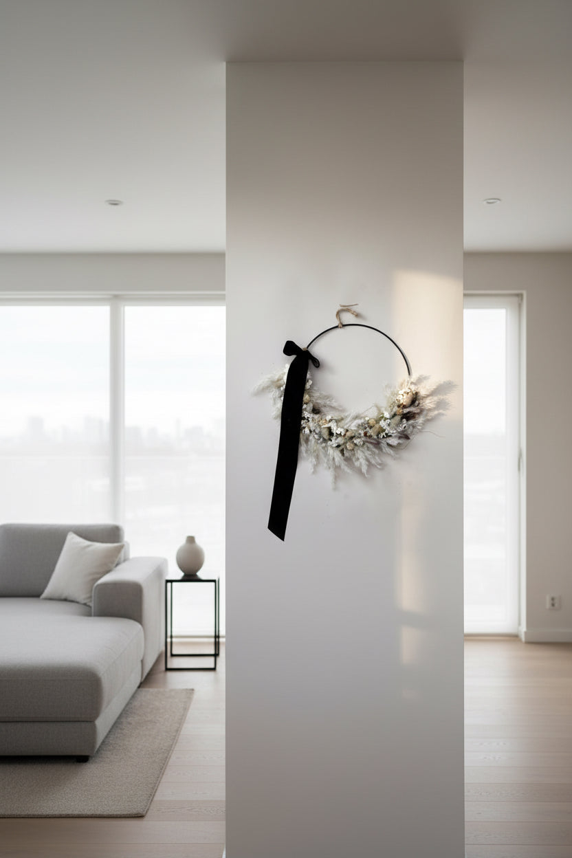 Dried flower wreath in cool neutrals with black velvet ribbon ireland