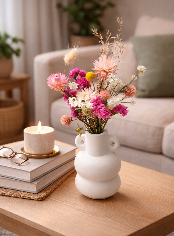 White bubble gift vase with dried flower bouquet Dried flower bouquet for Mother's Day Ireland - Flowers on Four Acres.